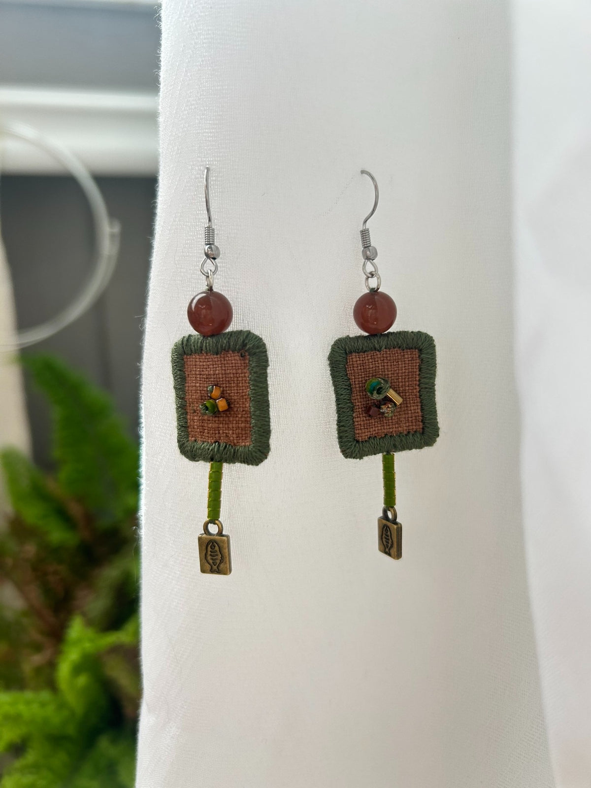 Handmade Fabric Earrings with Beaded Charms