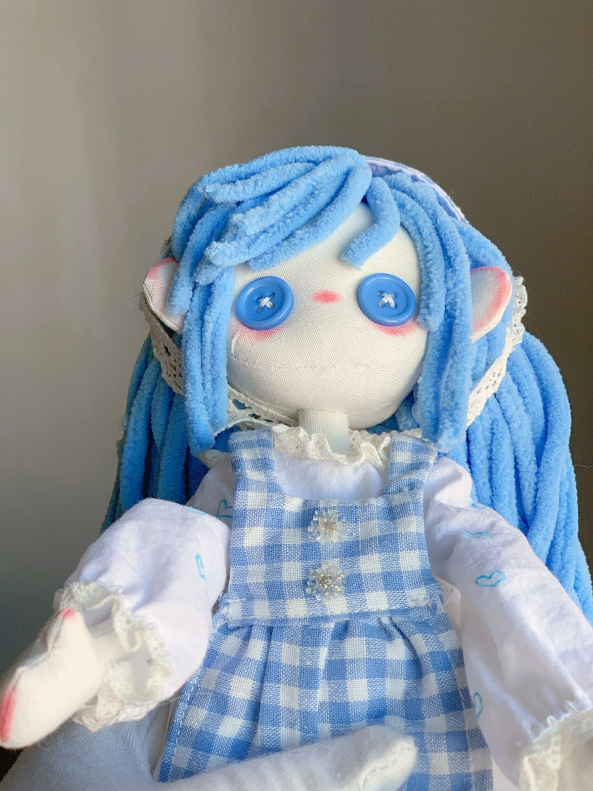 Handmade 32cm Fabric Doll Blue Gingham Dress