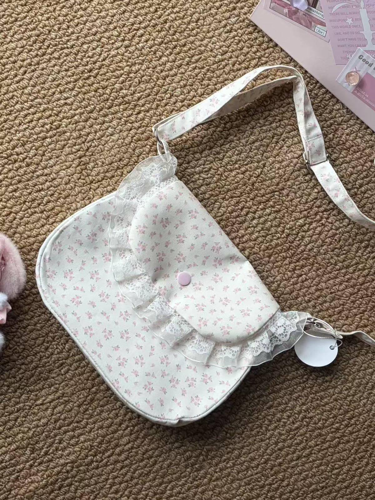 Pink Floral Lace Trim Crossbody Bag