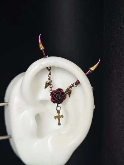 Titanium Alloy Gothic Ear Cuffs with Chain, Rose, and Cross Charms