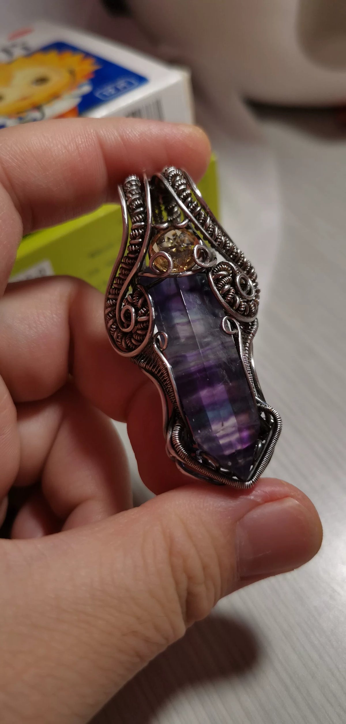 S999 Silver Wire Wrapped Fluorite Citrine Pendant