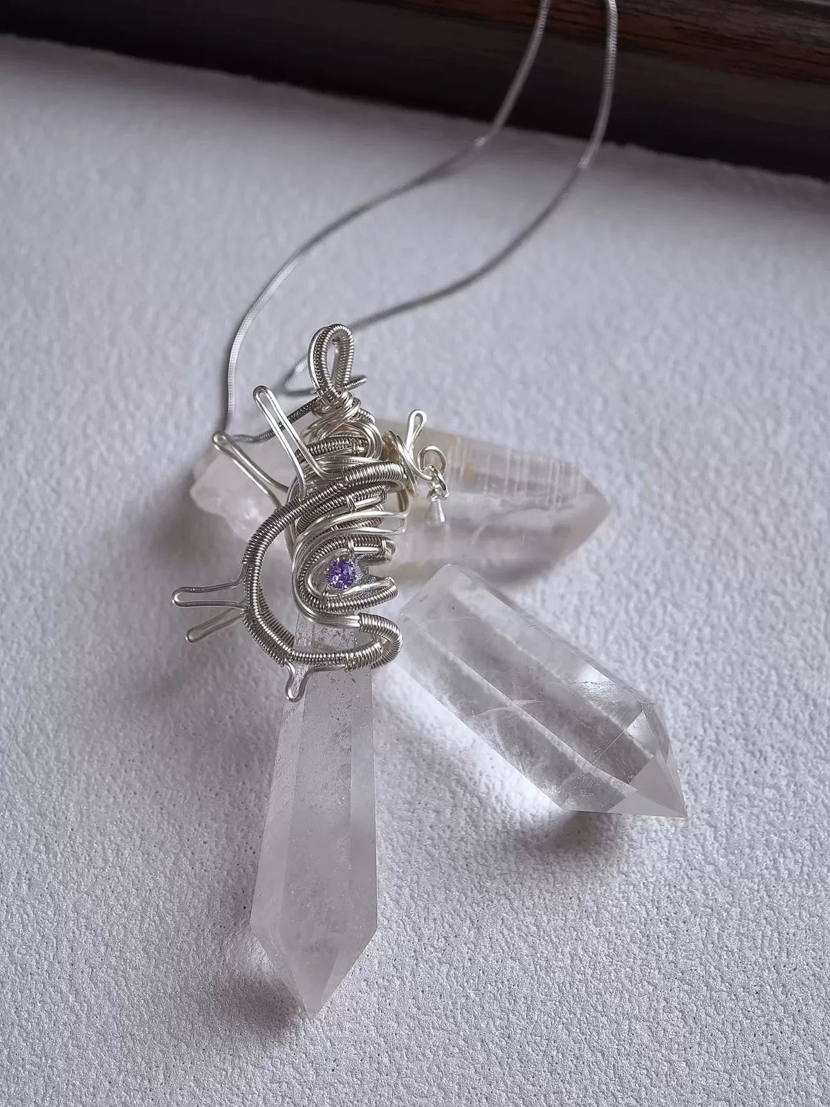 Natural White Quartz Crystal Wire Wrapped Necklace Pendulum