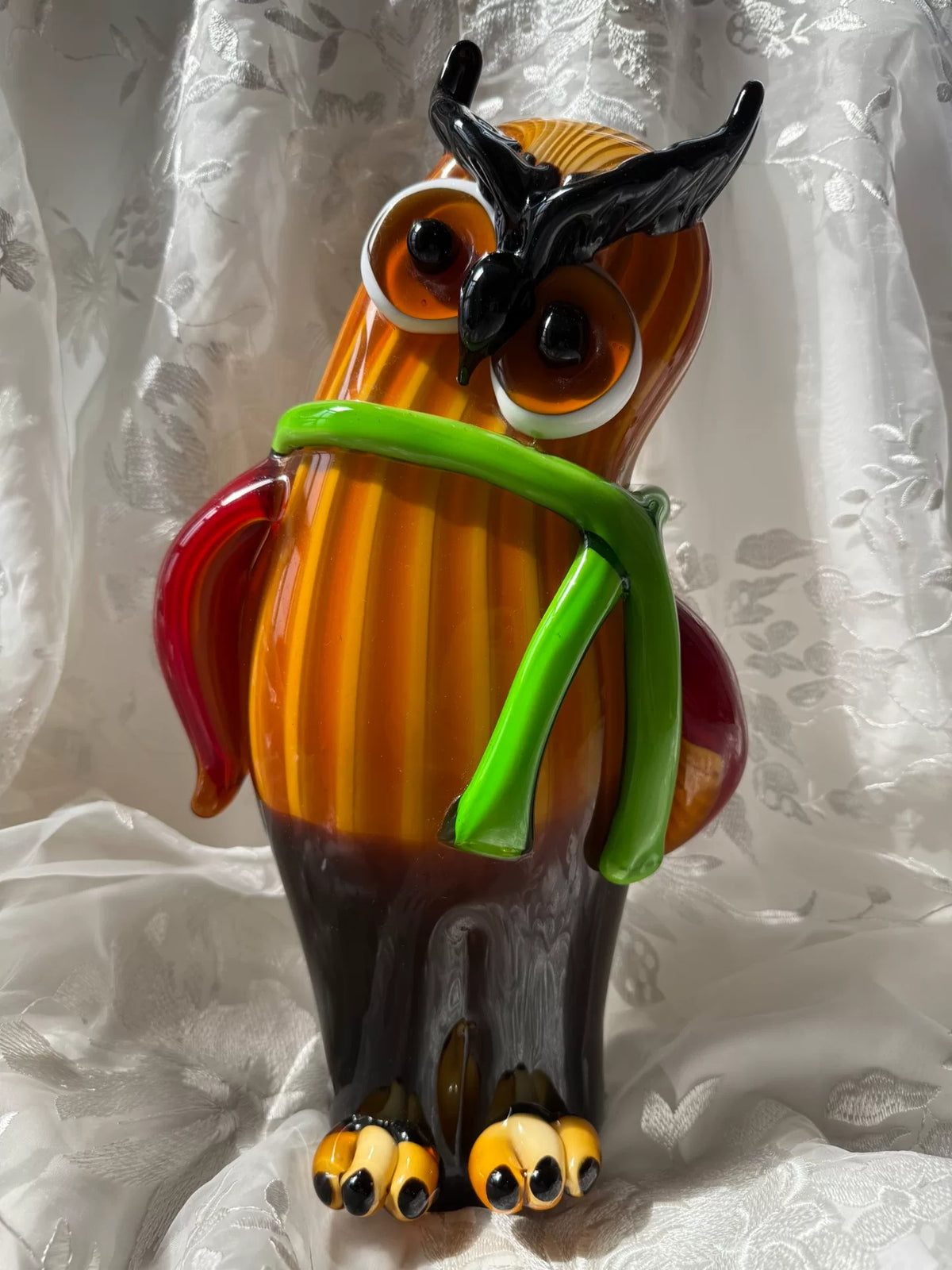 Liuli Glass Owl Figurine with Green Scarf