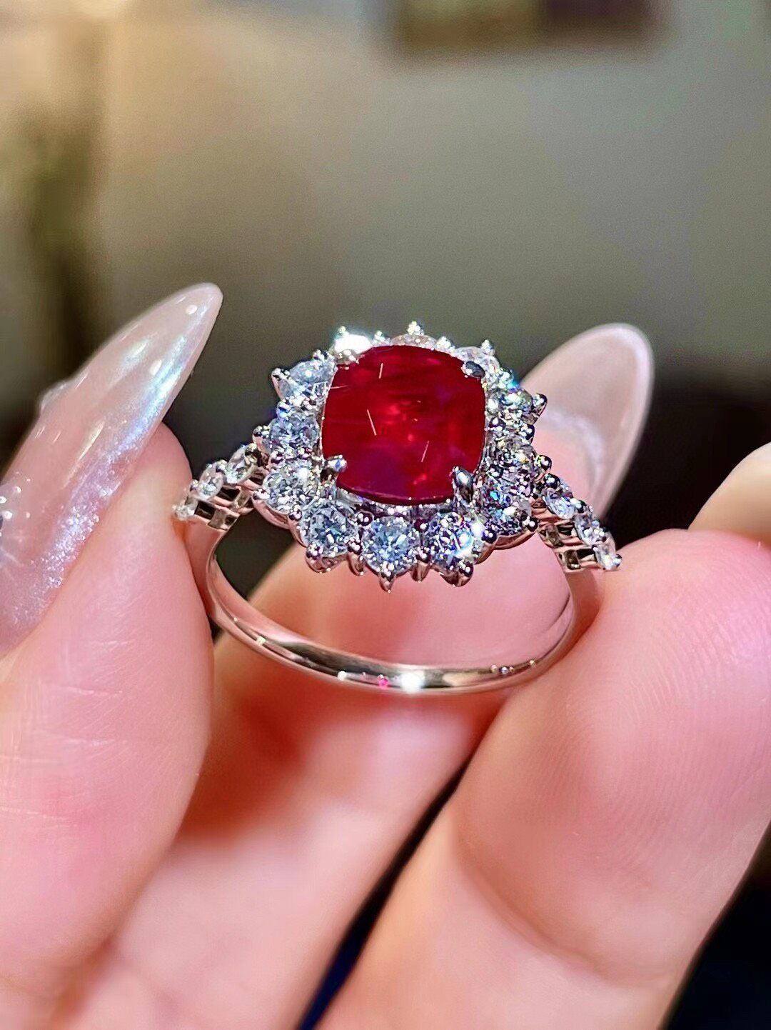 18K Gold Ring with 2.05ct Cushion-Cut Red Gemstone and 1.04ct Halo Stones