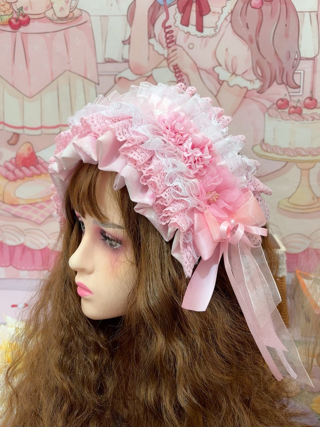 Pastelroze Bloemen Lolita Platte Beret Hoofdtostuk