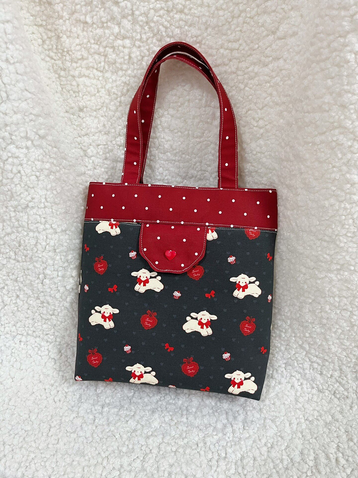 Cotton Canvas Tote Bag Maroon Polka Dot