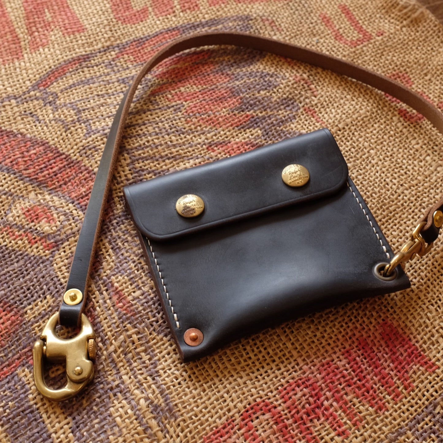 Black Leather Flap Pouch with Brass Snap Buttons and Contrast Stitching