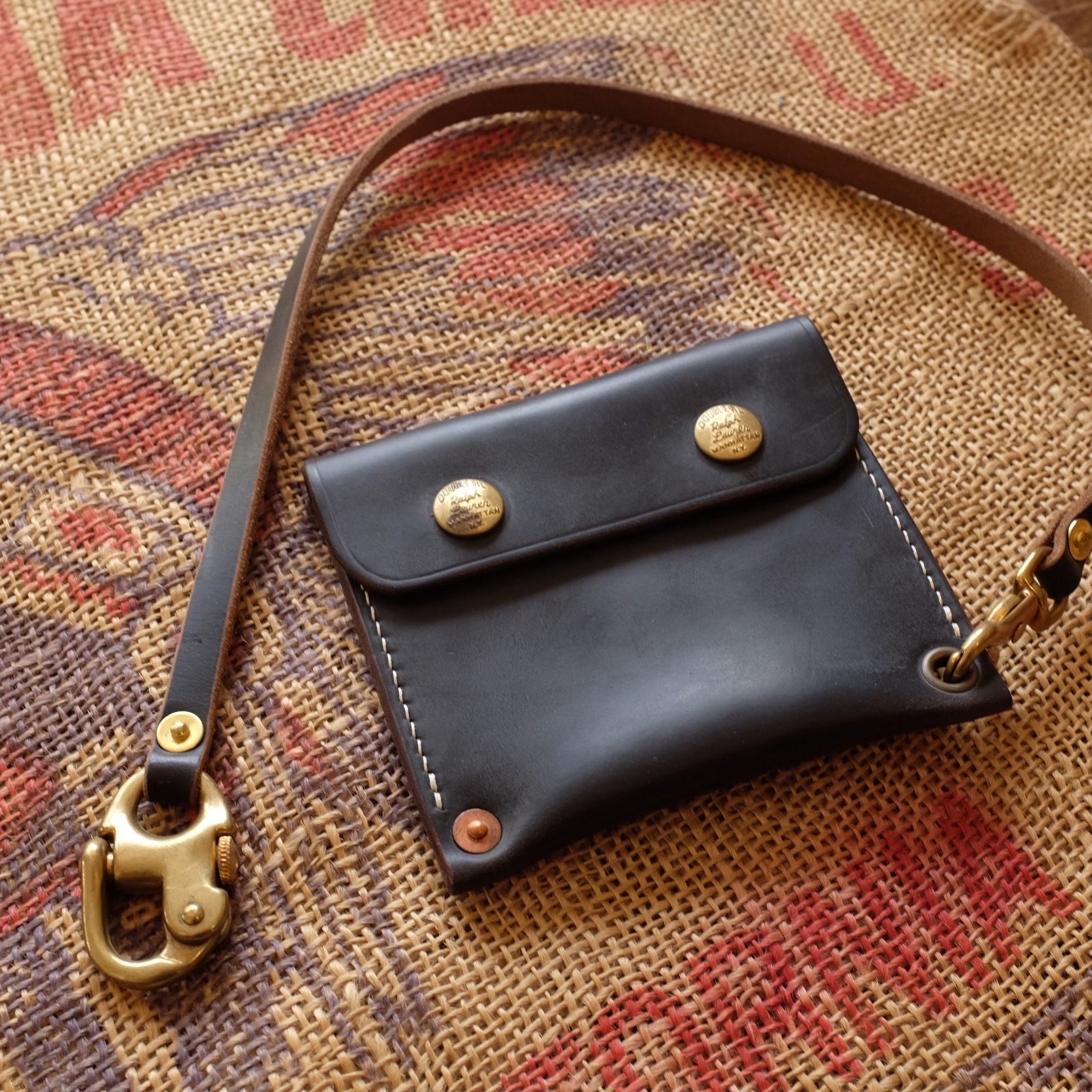 Black Leather Flap Pouch with Brass Snap Buttons and Contrast Stitching