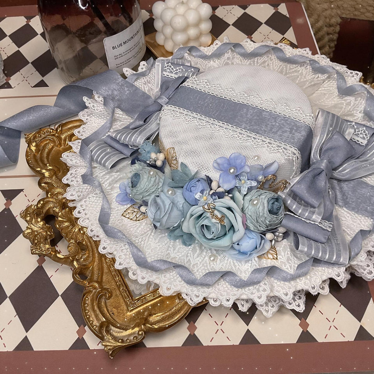 Lolita Flat Hat Pseudo Bonnet Dusty Blue Lace