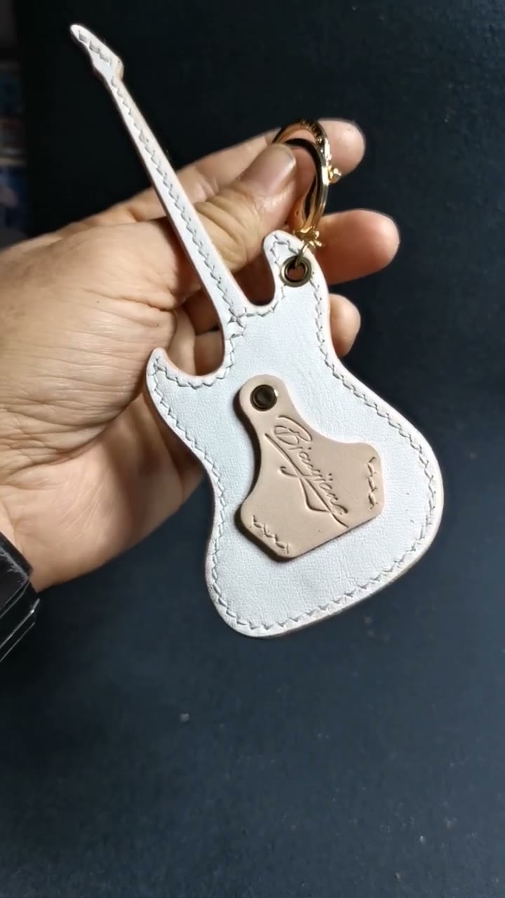 Hand Stitched Leather Guitar Keychain Bag Charm