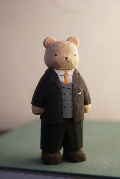 Handcrafted Basswood Bear Figurine in British Gentleman Suit