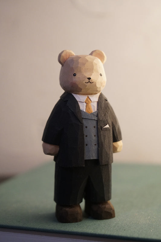 Handcrafted Basswood Bear Figurine in British Gentleman Suit