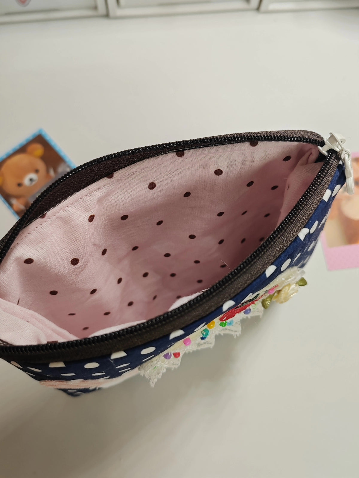 Navy Polka Dot Cake Applique Coin Purse