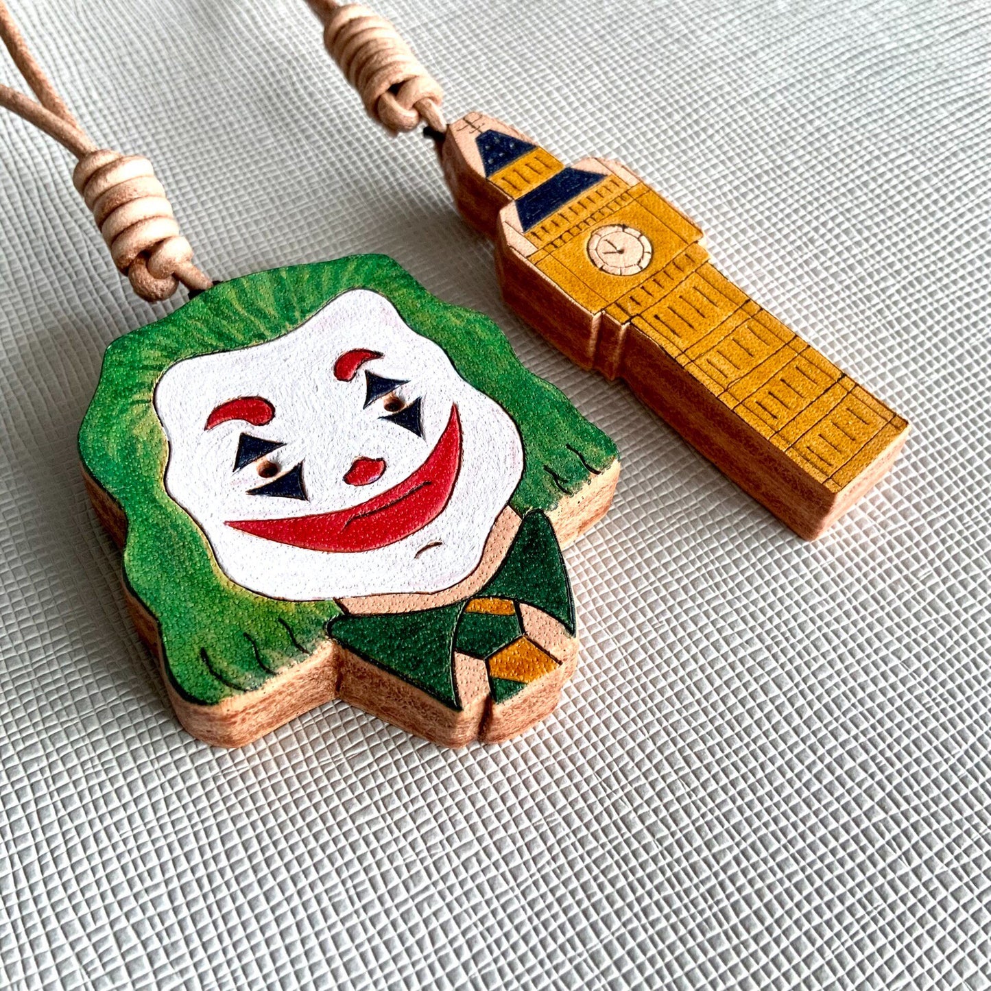 Hand-Painted Leather Joker & Clock Tower Charms for Bag, Key, or Journal