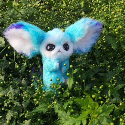 Blue Wool Felt Fennec Fox Spirit Figure with Articulated Wire Frame