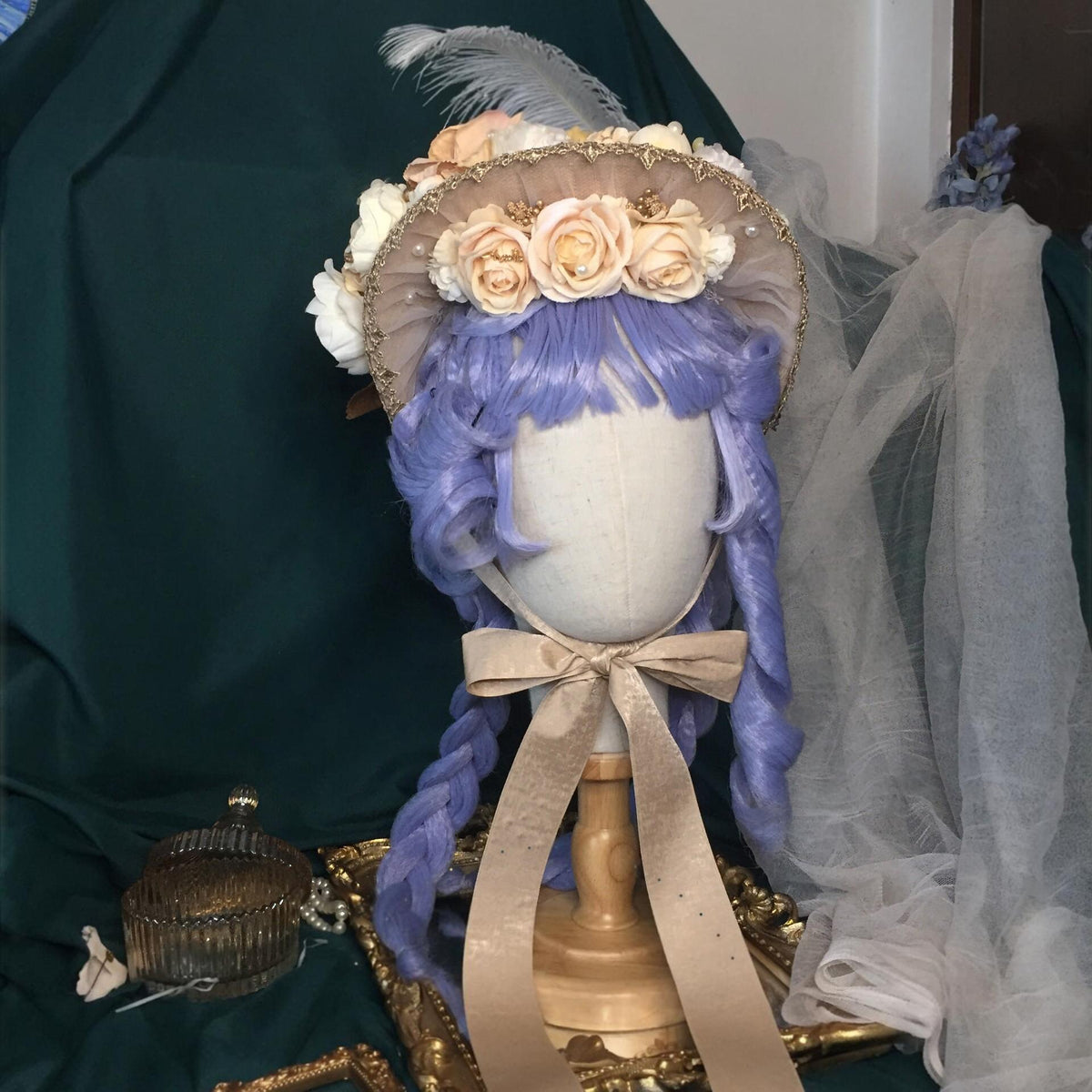 Lolita Flat Hat with Floral Lace Trim