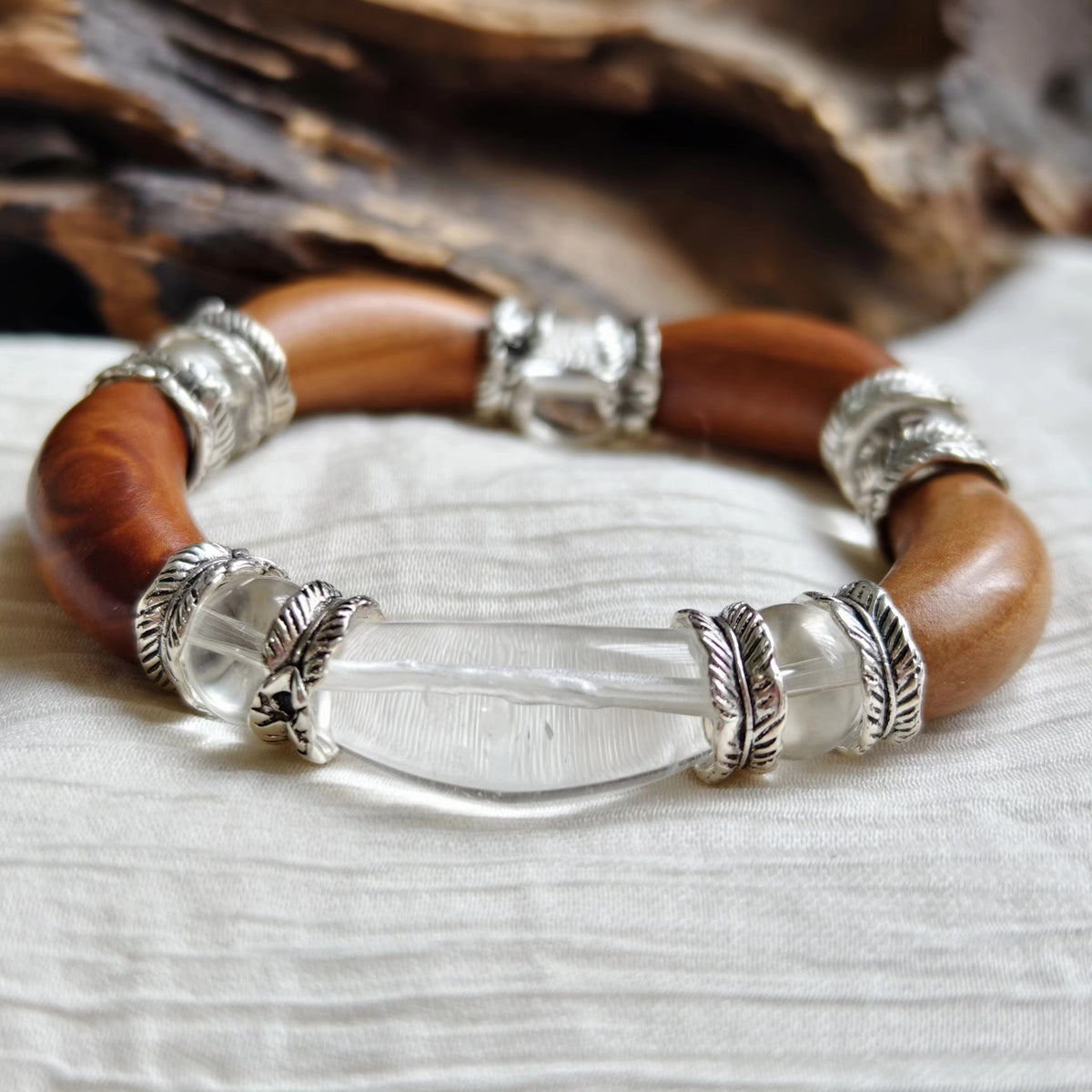 Peach Wood and Clear Crystal Bangle Bracelet