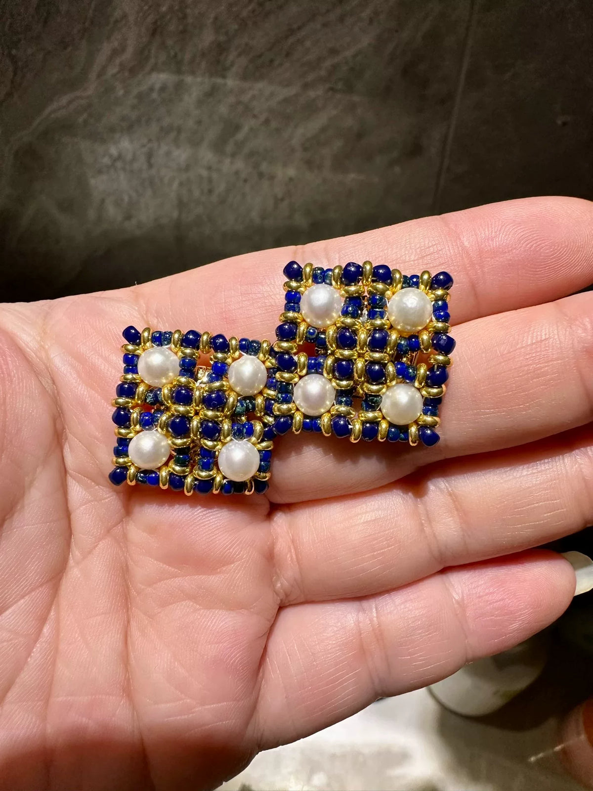 Blue Gold Beaded Square Stud Earrings