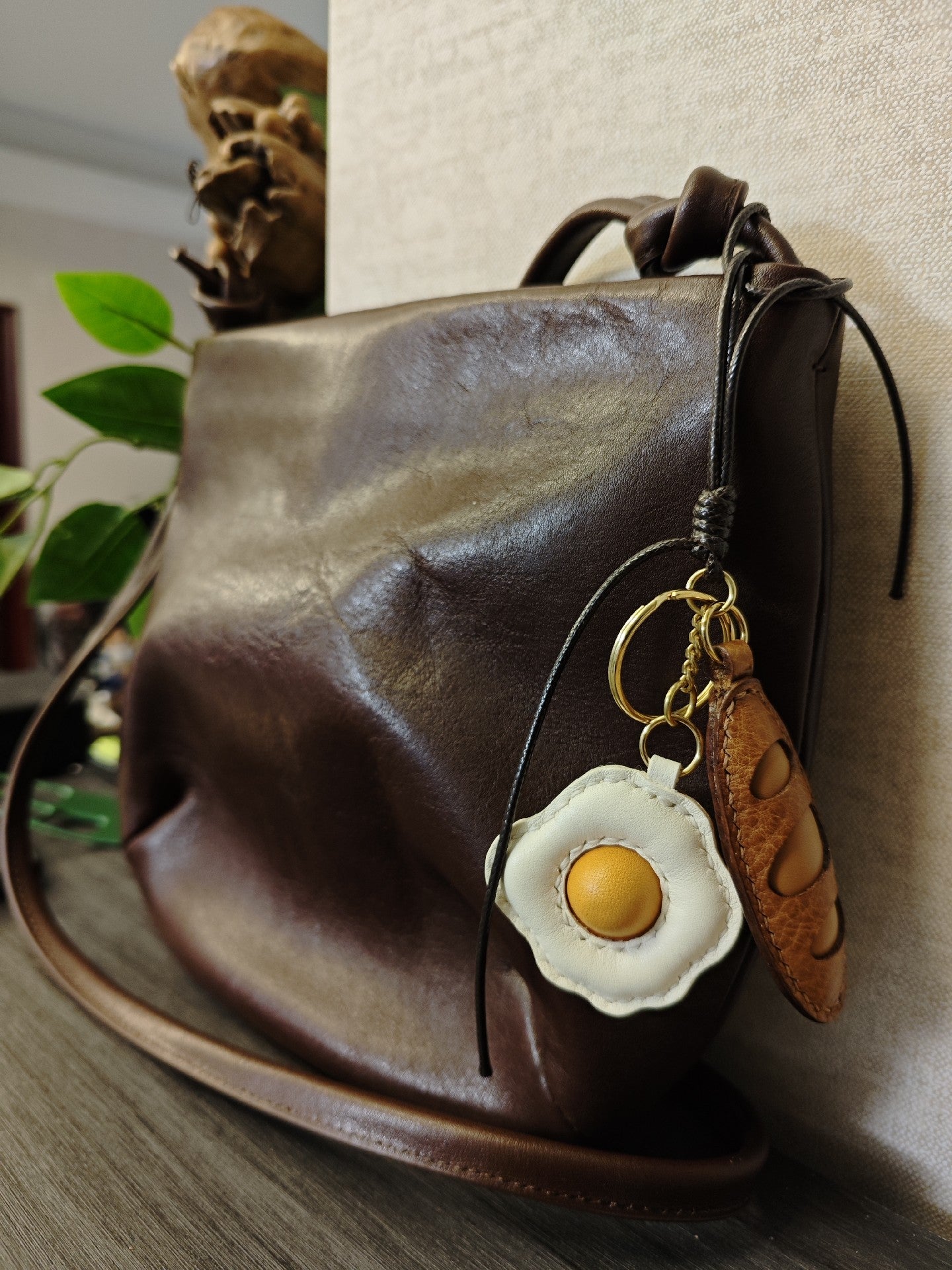 Handmade Leather Fried Egg and Baguette Keychain Set