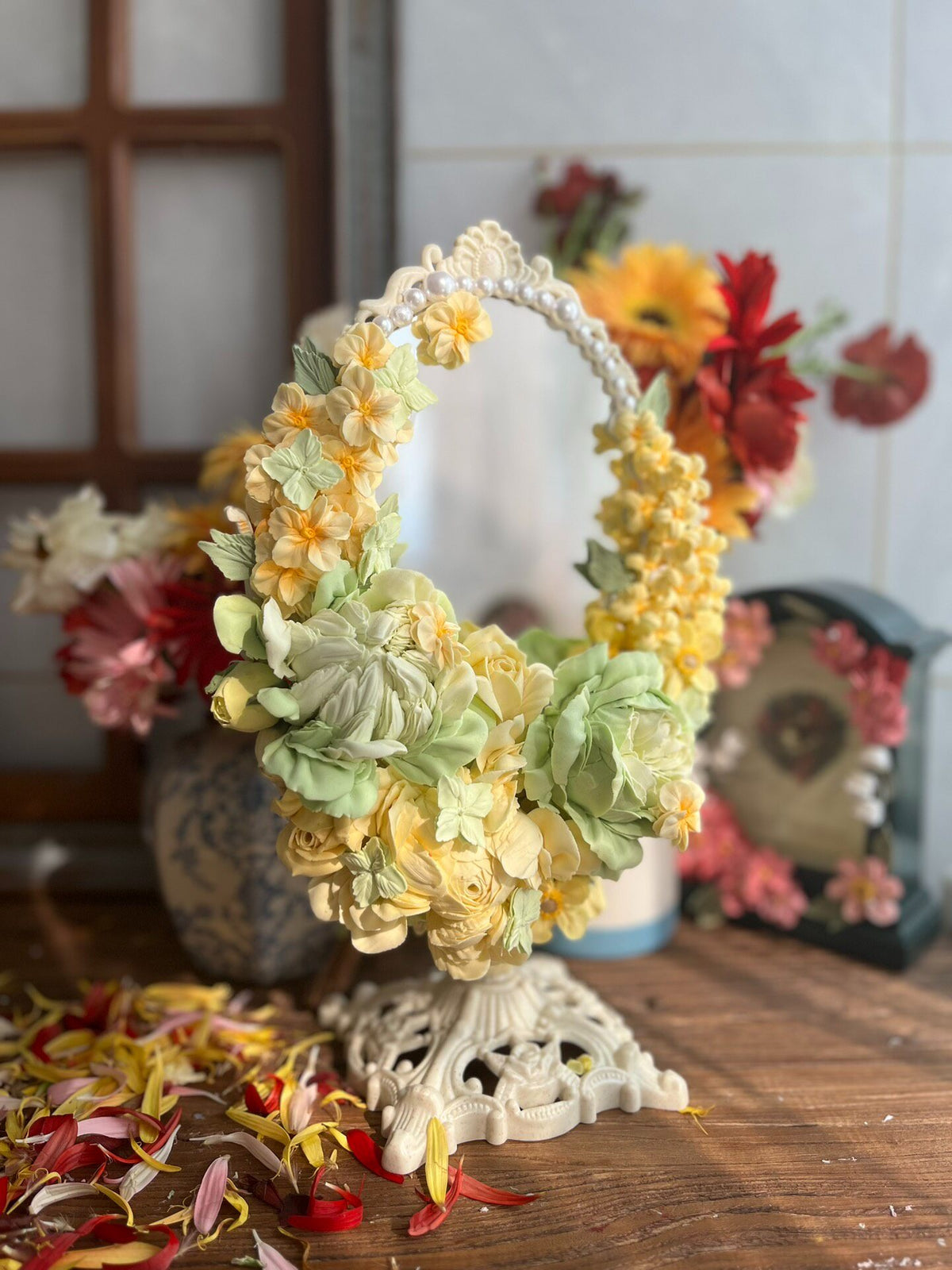 Clay Piped Floral Oval Vanity Mirror