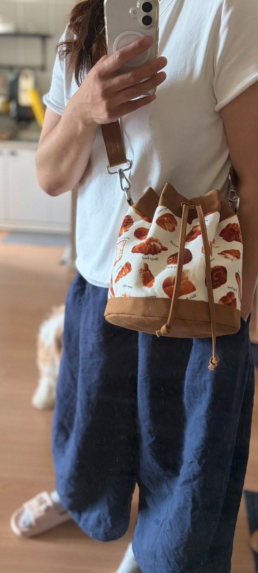 ハンドメイド キャンバス バケットバッグ パン柄