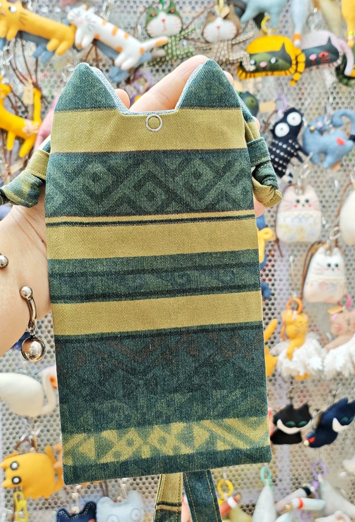 Handmade Cat Crossbody Phone Bag Striped Woven