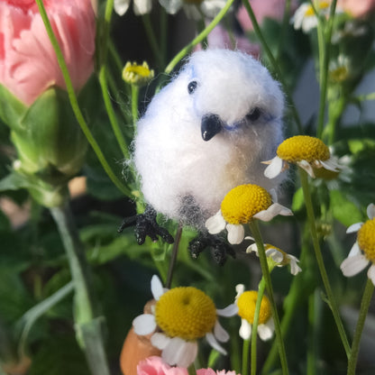 Needle-Felted Wool Miniature Bird Figurine with Blue and White Plumage