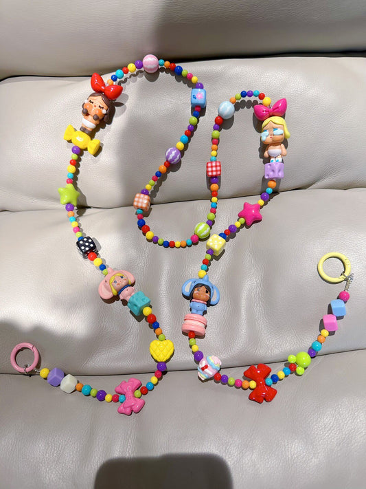 Colorful Beaded Phone Strap with Character Charms