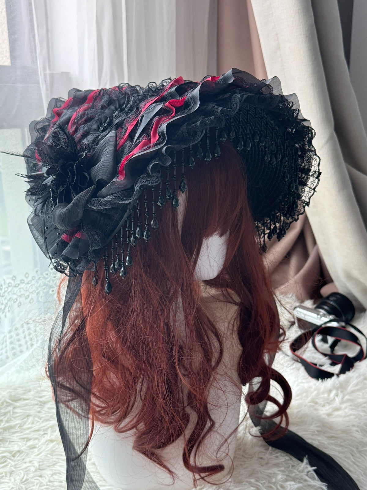 Handcrafted Lolita Flat Hat with Beaded Fringe