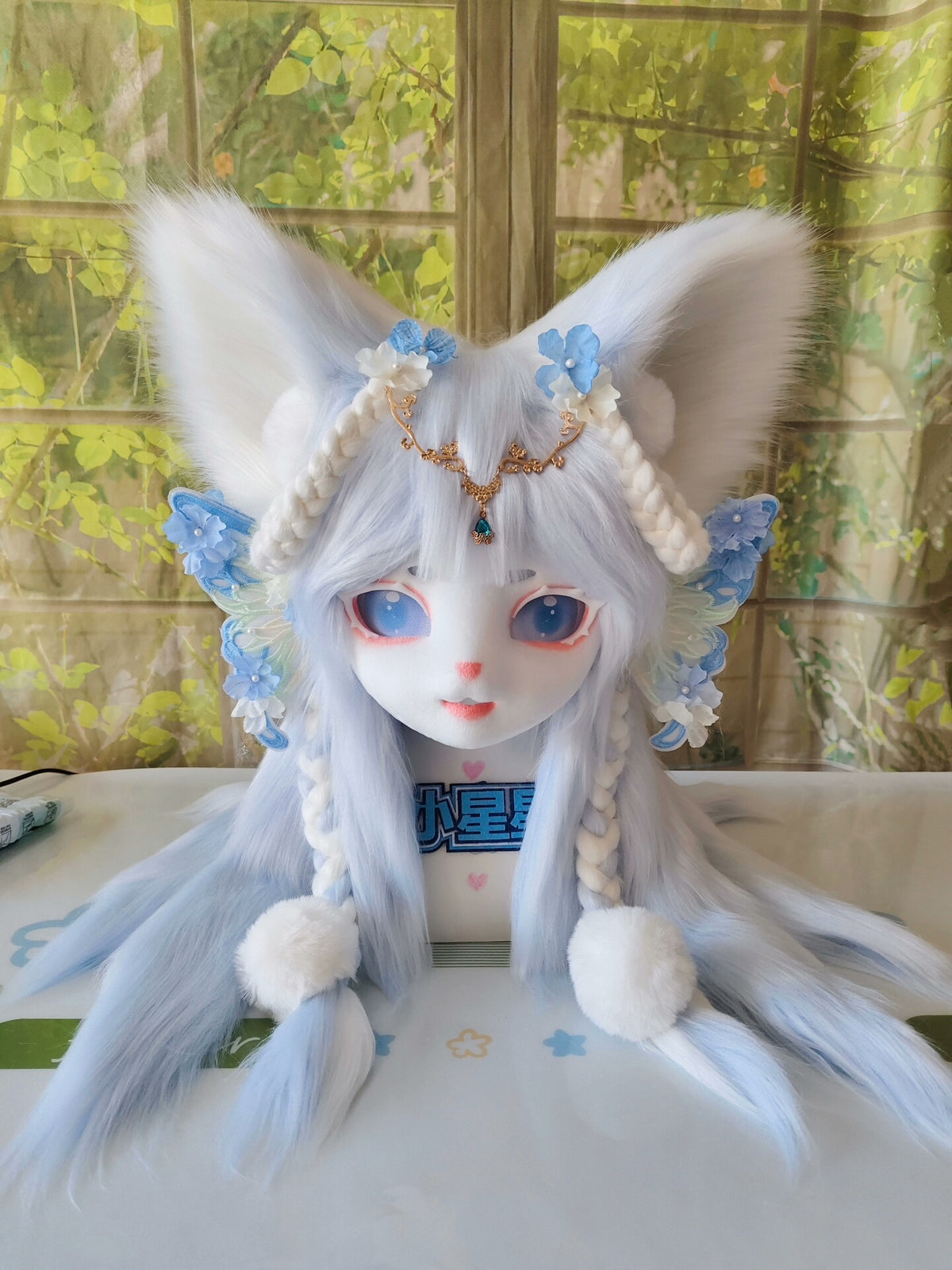 Couvre-tête Kigurumi Renard Bleu Blanc Fausse Fourrure