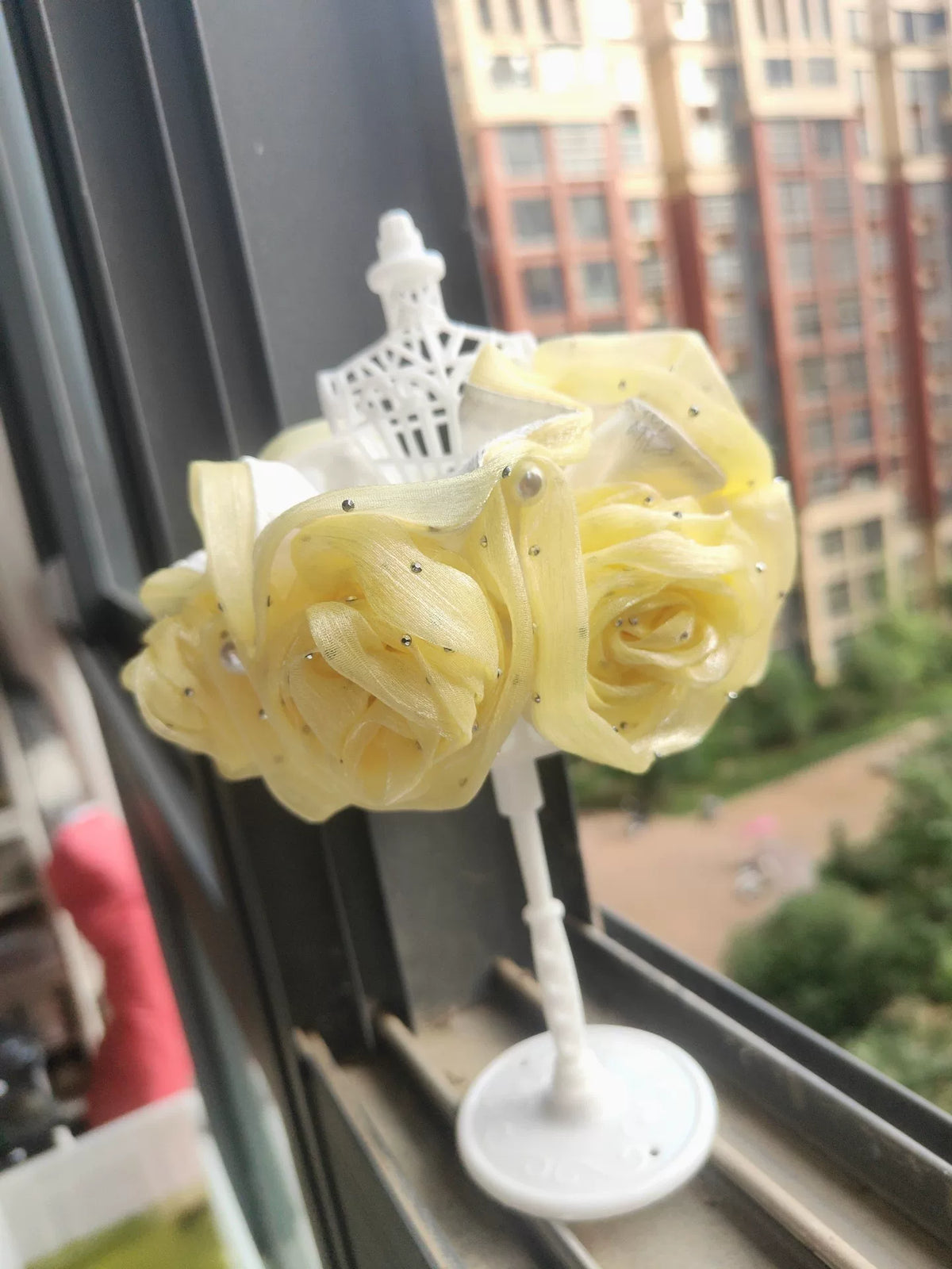 Oversized Organza Rose Hair Scrunchie with Rhinestones