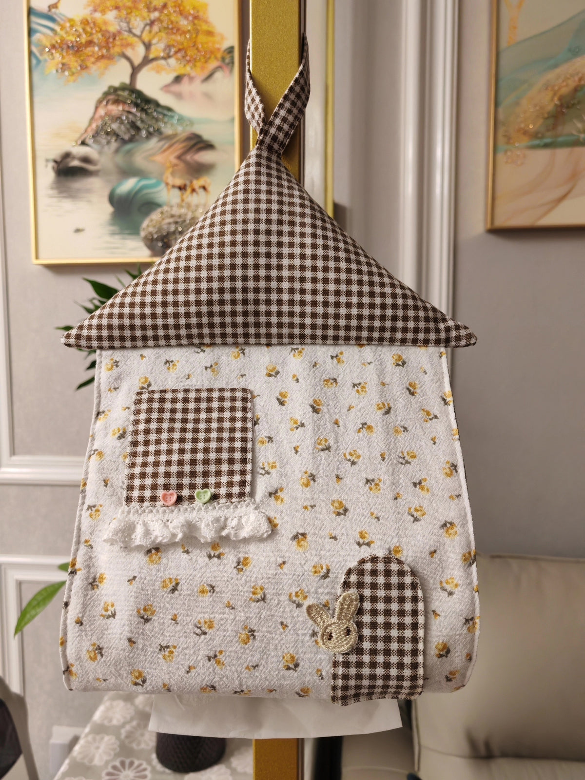 Handmade Fabric House Tissue Pouch Gingham Floral