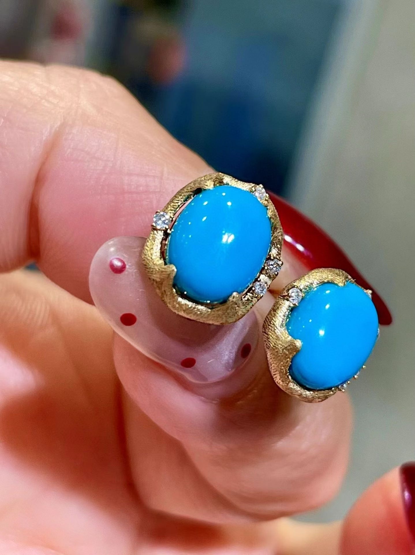 18k Gold Sleeping Beauty Turquoise Stud Earrings with Diamond Accents