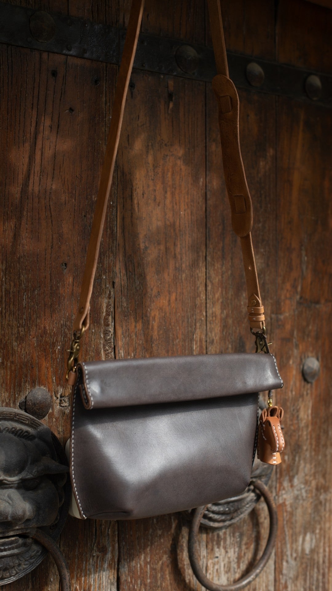 Grey Oil-Wax Leather Shoulder Bag