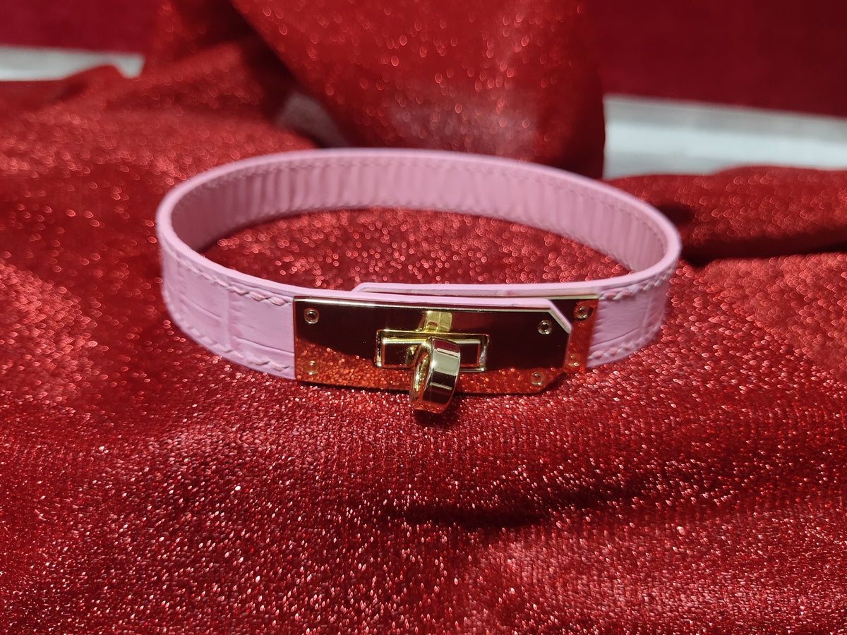 Pink Crocodile Texture Collar with Gold Kelly Clasp
