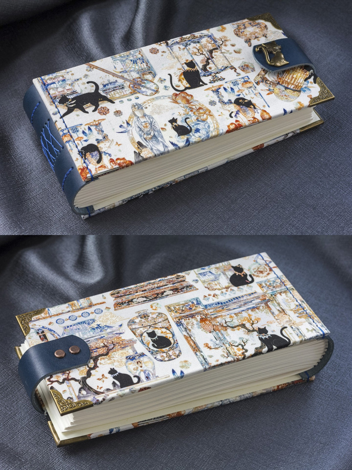 青花磁器風 黒猫モチーフ 手作りジャーナル