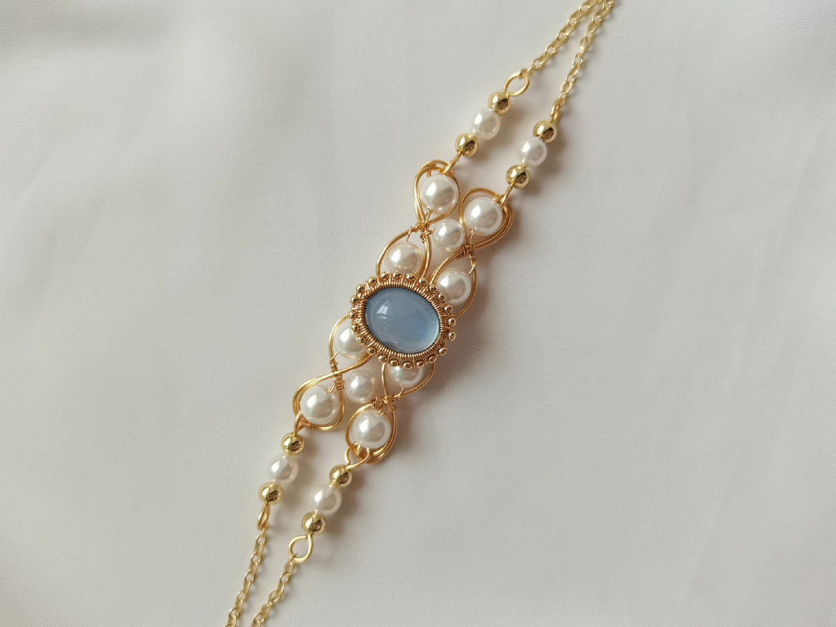 Blue Chalcedony and Pearl Wire Wrapped Bracelet