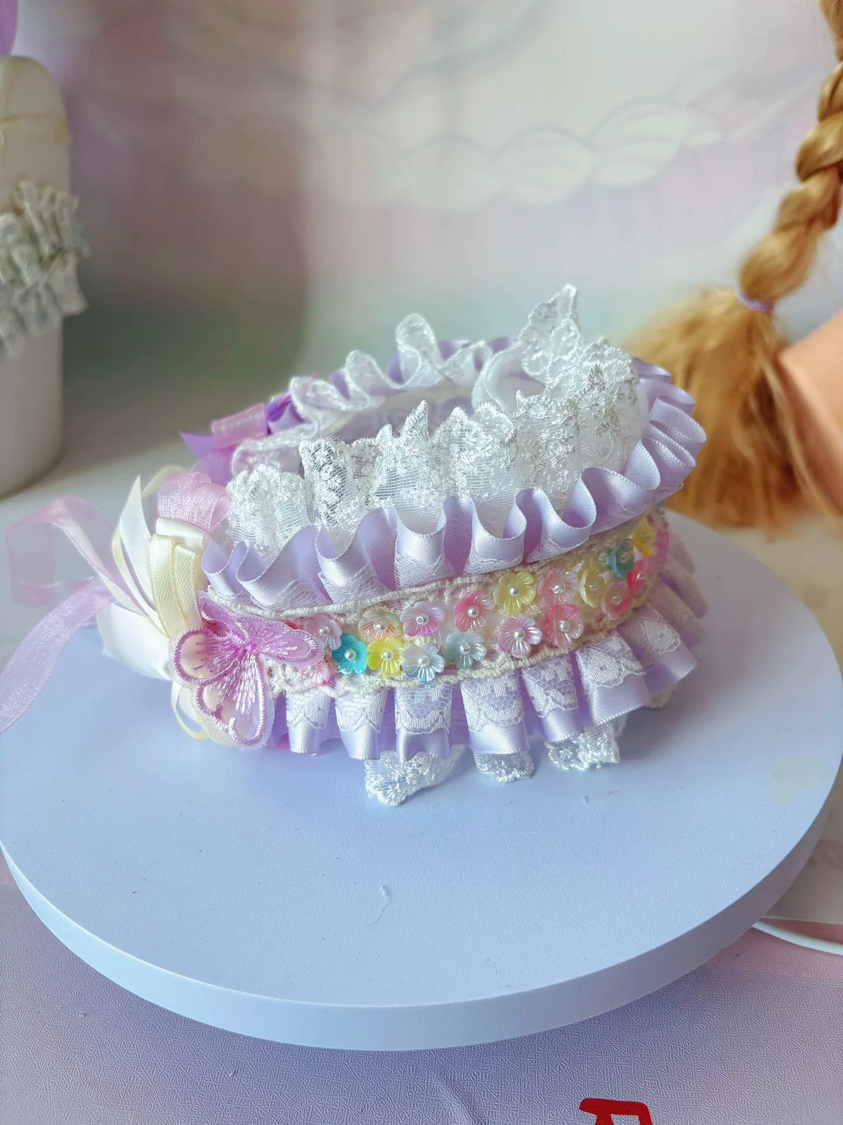 Diadema manual de cinta y encaje Lolita en tonos púrpura