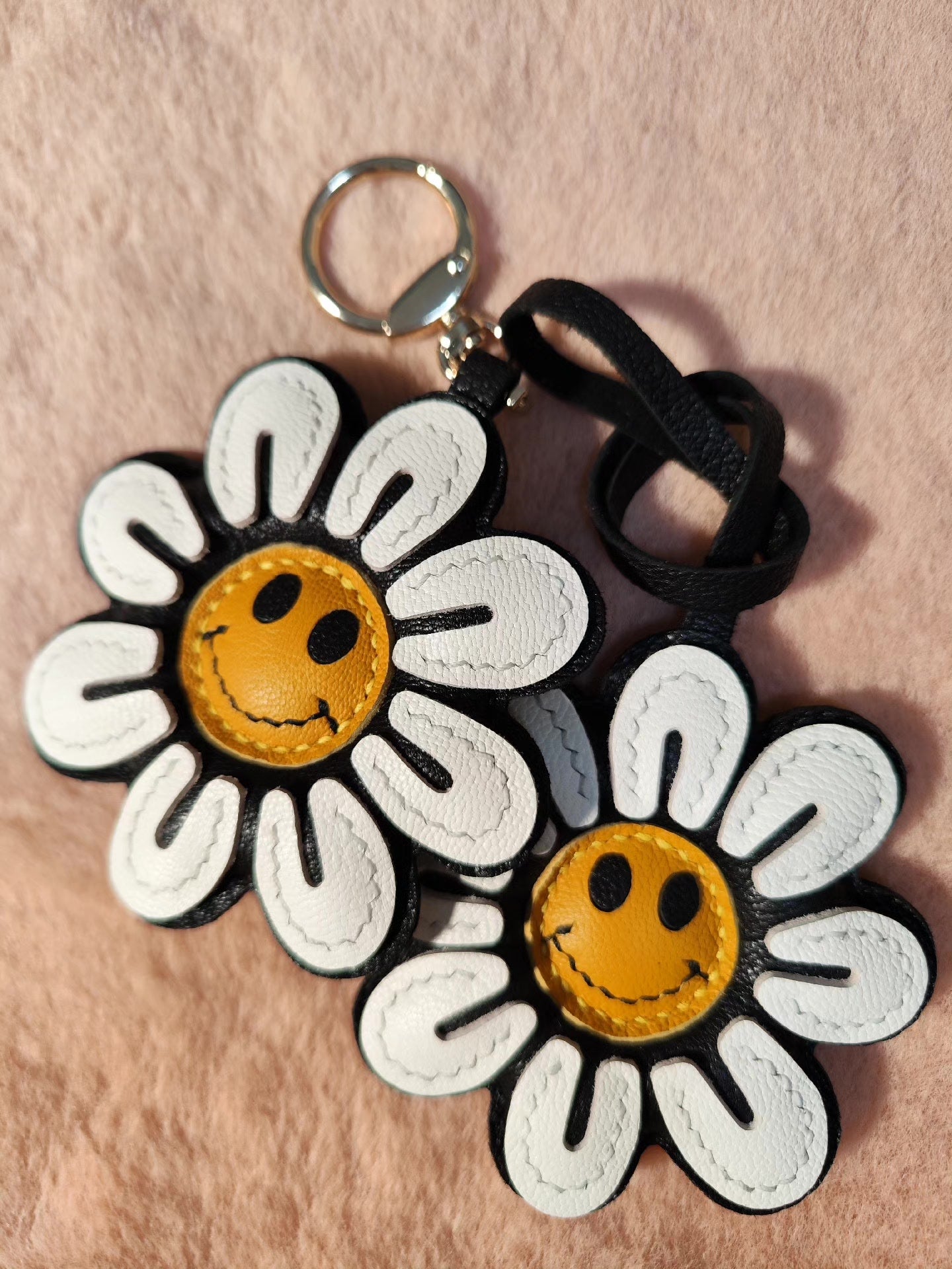 Leather Sunflower Smiley Face Keychain with Metal Ring