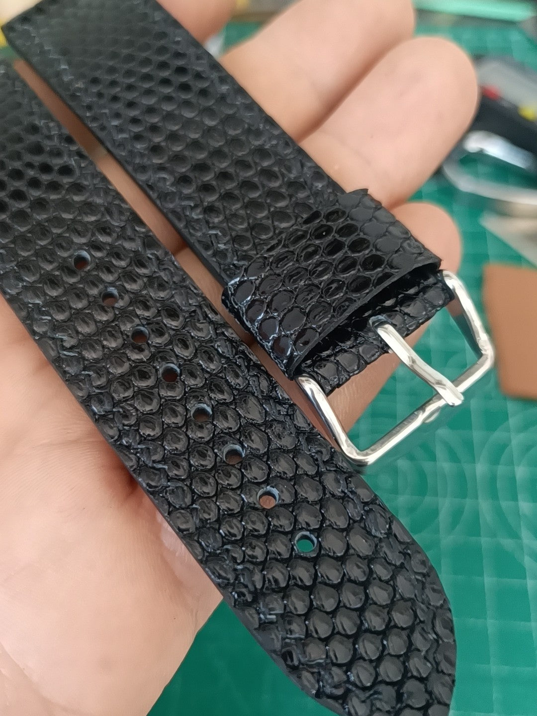 Handmade Black Lizard Leather Watch Strap 22mm