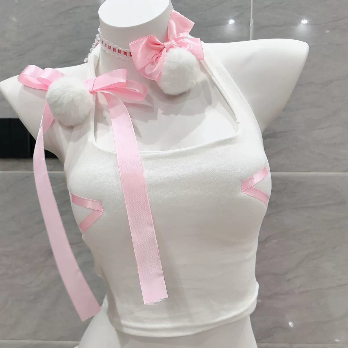 Pink White Plush Bunny Girl Two Piece Set