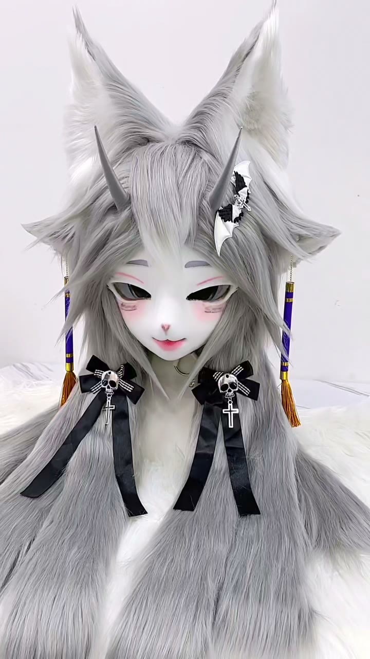 シルバーグレーのオカミのヘッドピース（角付き）