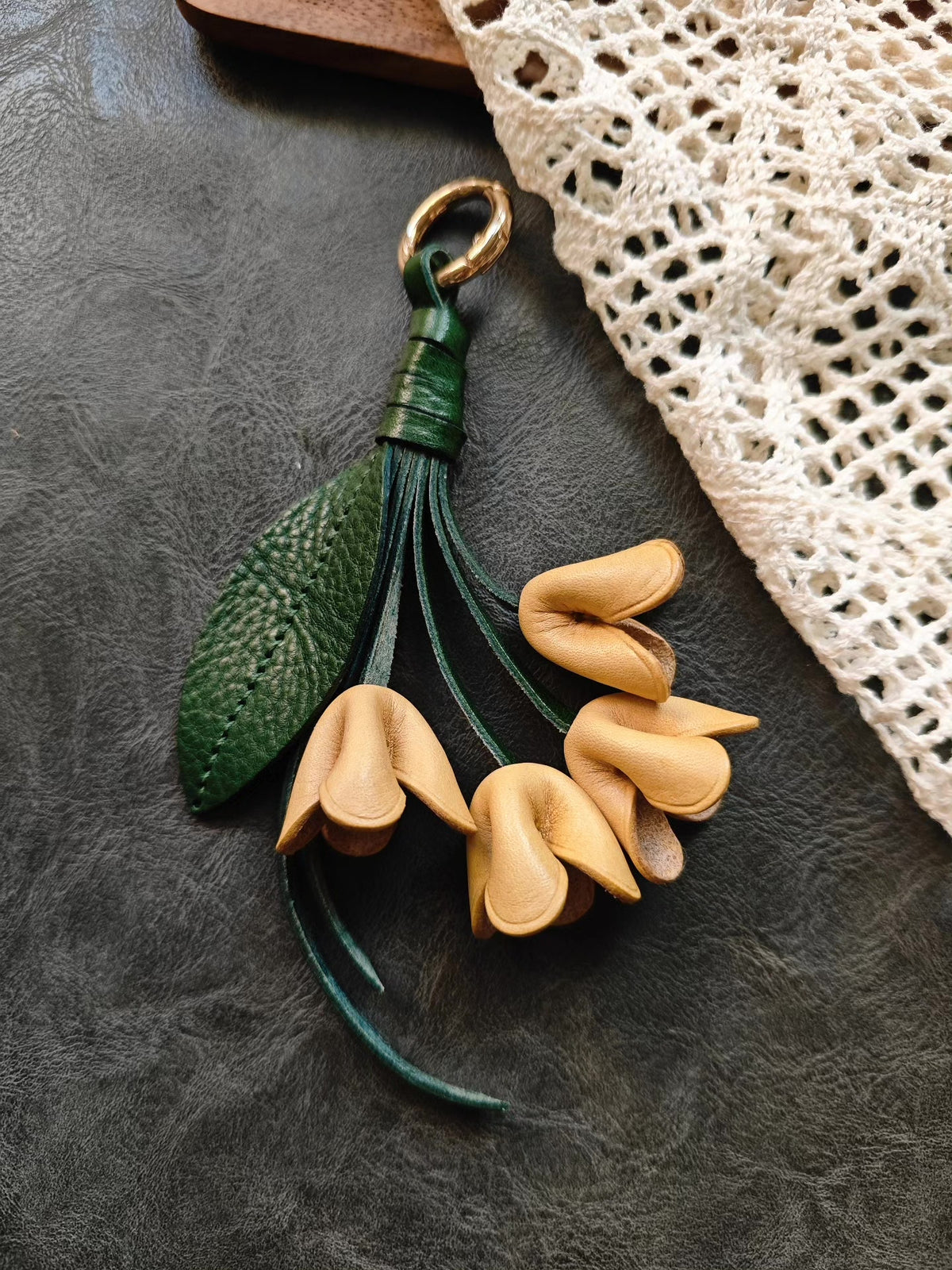 Vegetable-Tanned Leather Floral Bouquet Keychain Charm