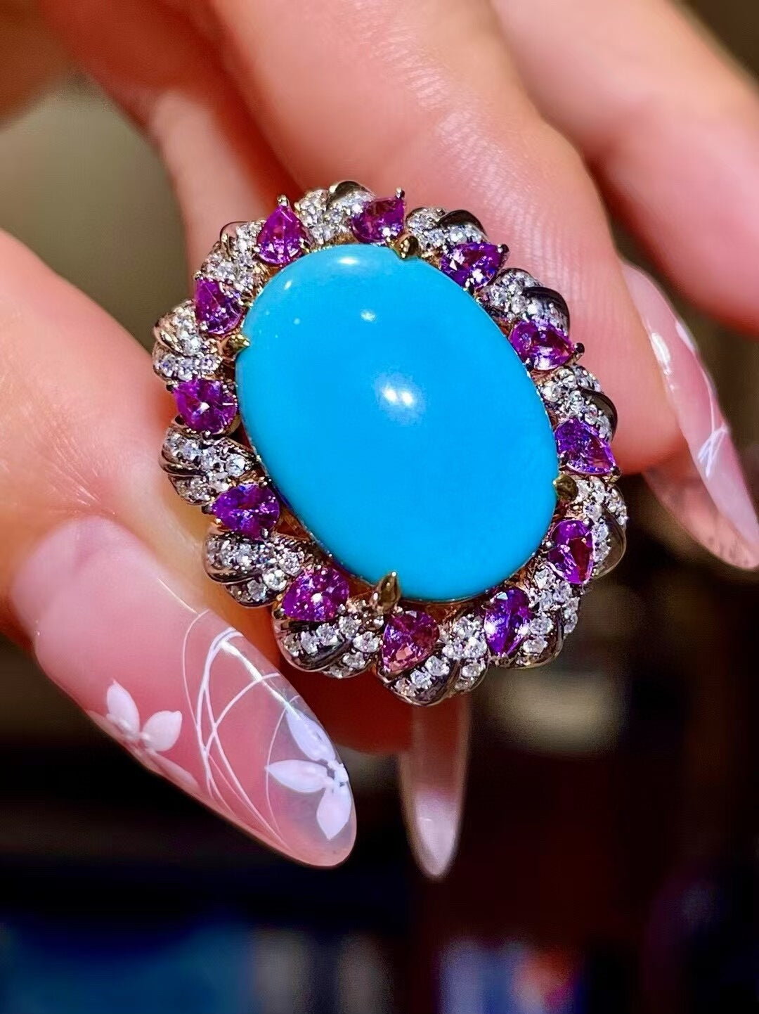 18K Gold Sleeping Beauty Turquoise Ring with Purple Sapphire and Diamond Halo