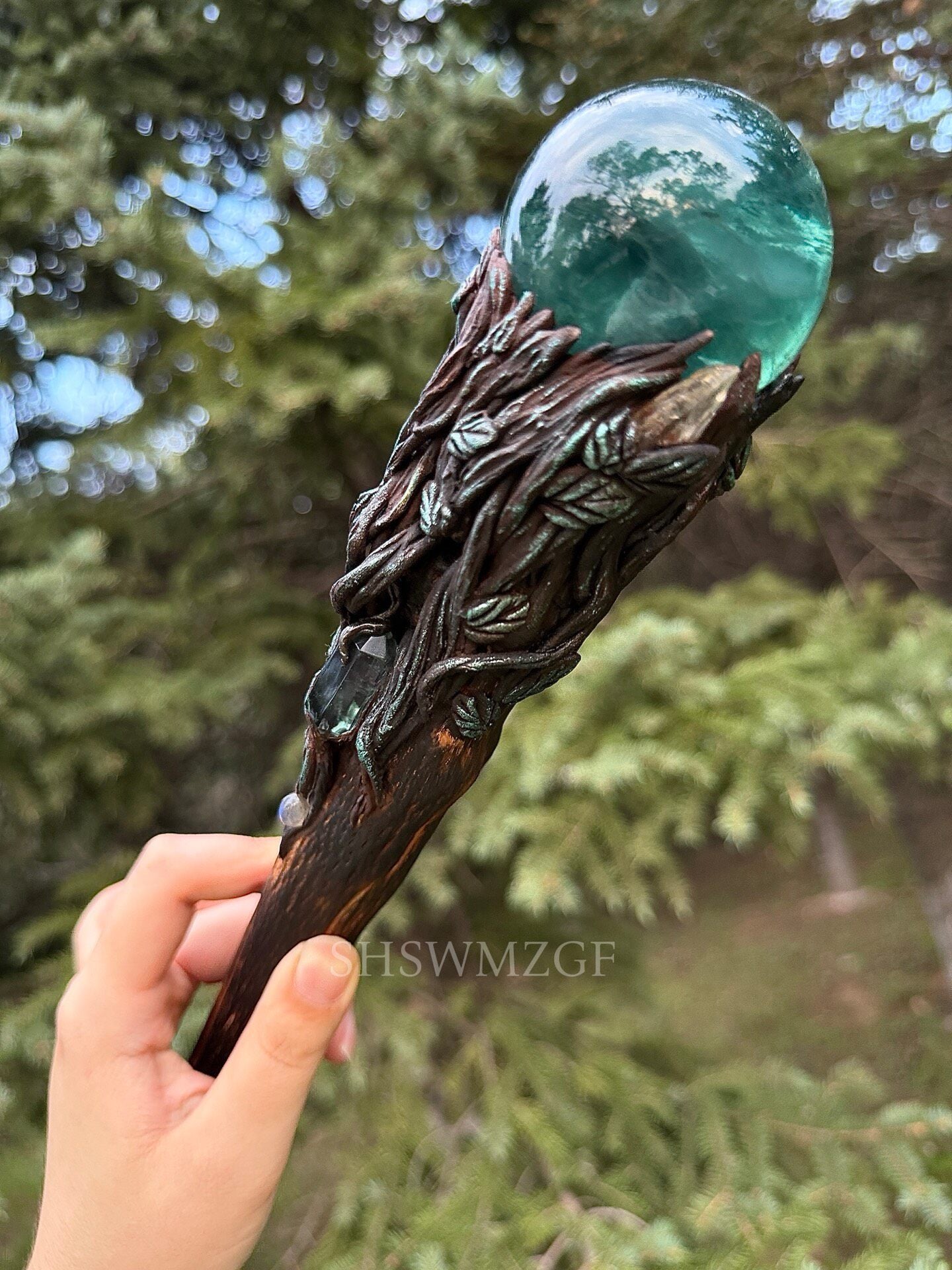 Blue-Green Fluorite Sphere Scepter with Wood Handle, 65cm