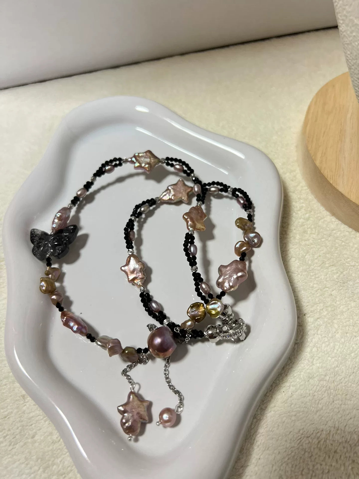 Collana con Perle Barocco, Cristallo Nero e Stella