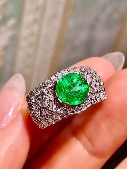 18K Gold Emerald Ring with Diamond Halo and Openwork Band