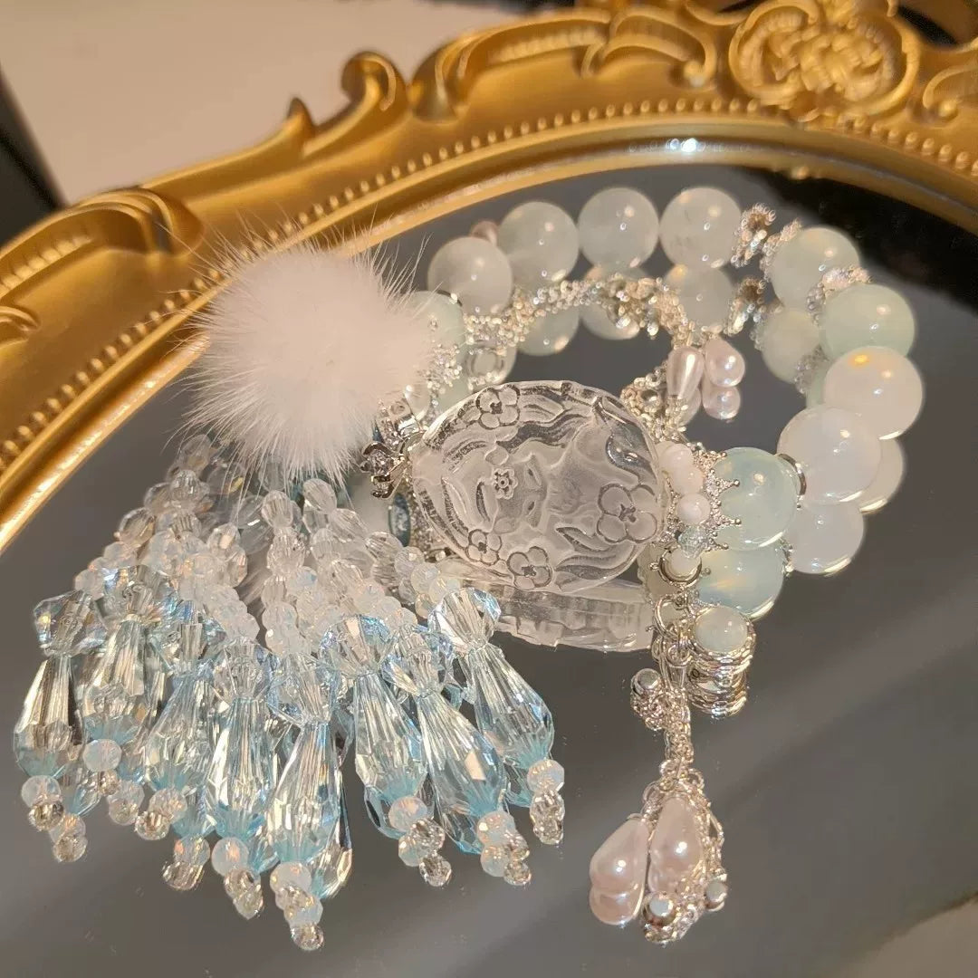 Bracciale in perline di acquamarina con pendente volpe in quarzo