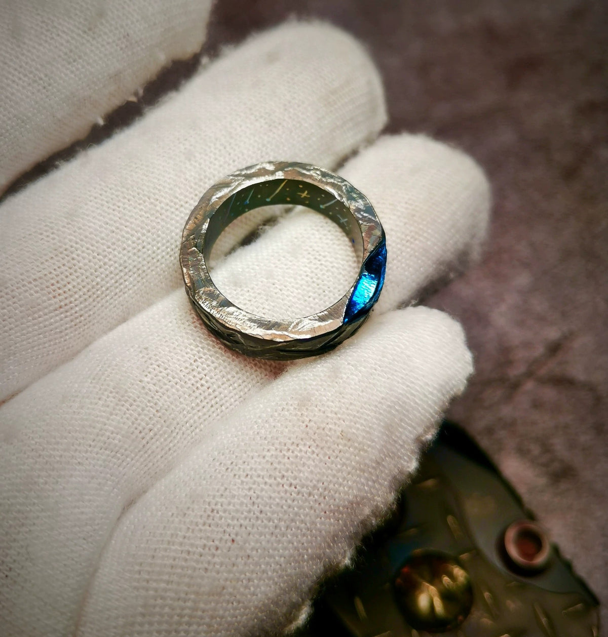 Titanium Stone Texture Ring Blue Inlay