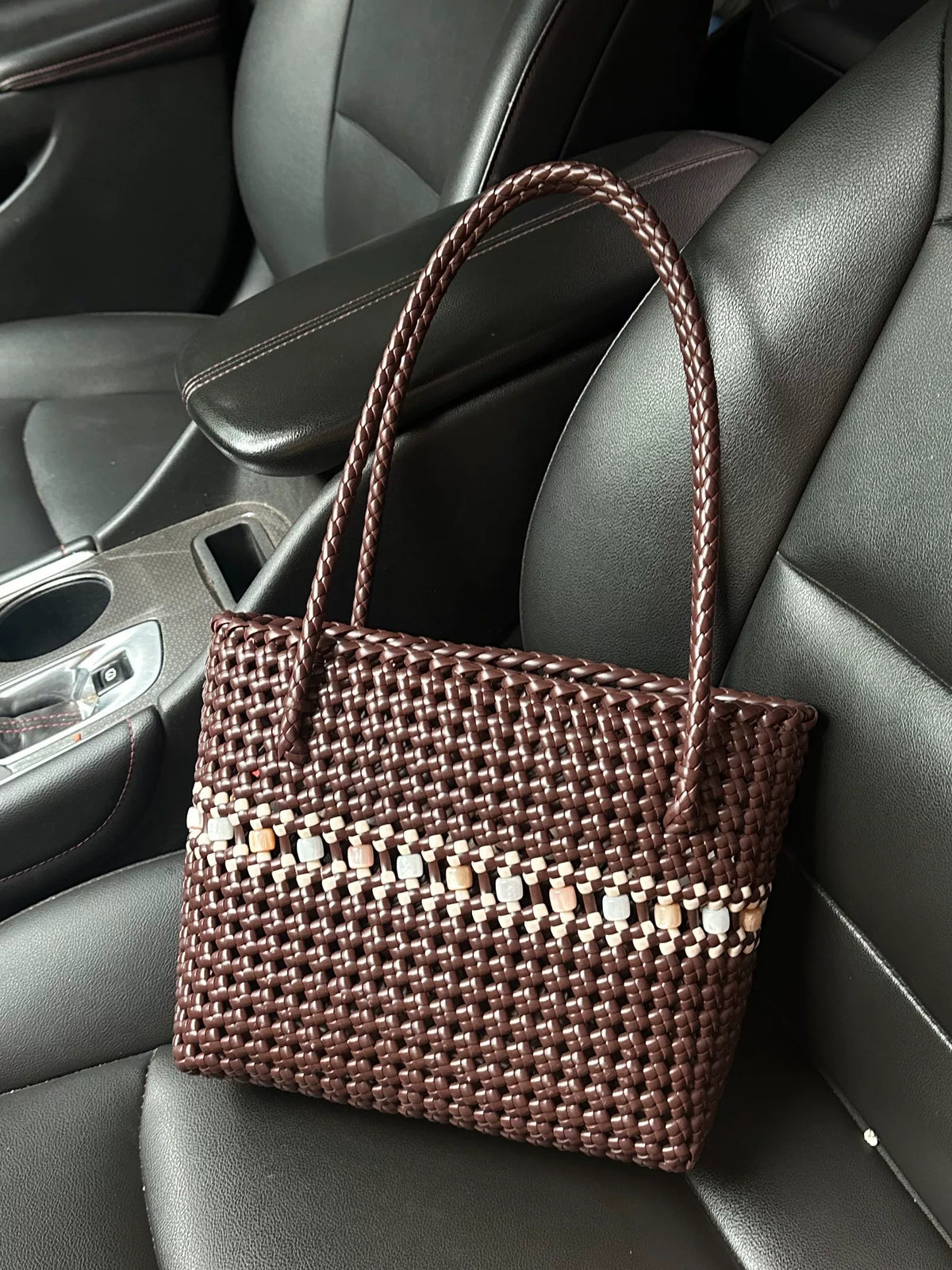 Sac Tote en Rotin Tressé Marron Café Grand